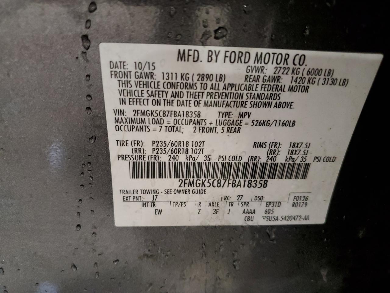 2FMGK5C87FBA18358 2015 Ford Flex Sel