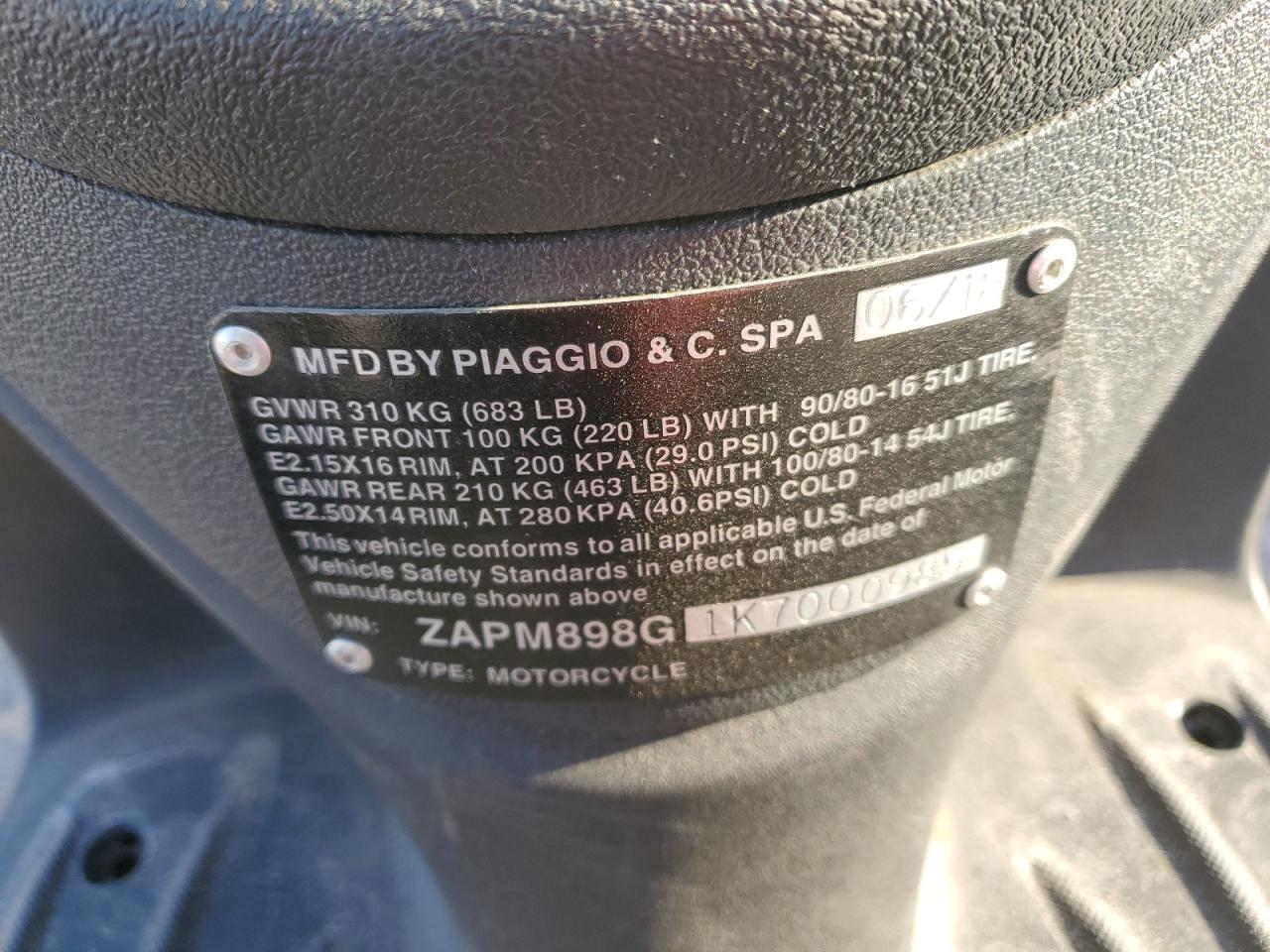 2019 Piaggio Scooter VIN: ZAPM898G1K7000985 Lot: 73275554