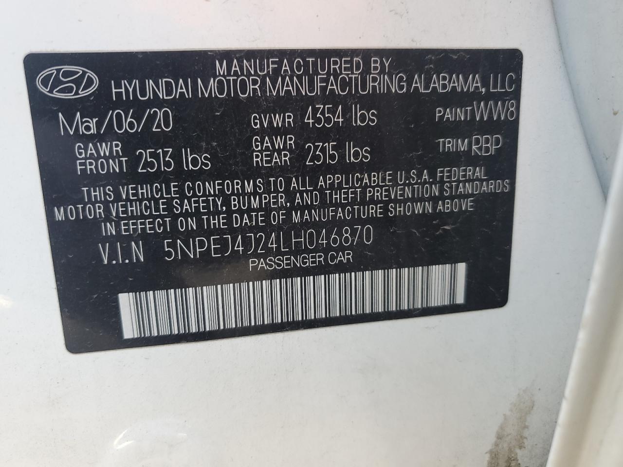 2020 Hyundai Sonata Sel Plus VIN: 5NPEJ4J24LH046870 Lot: 73973074