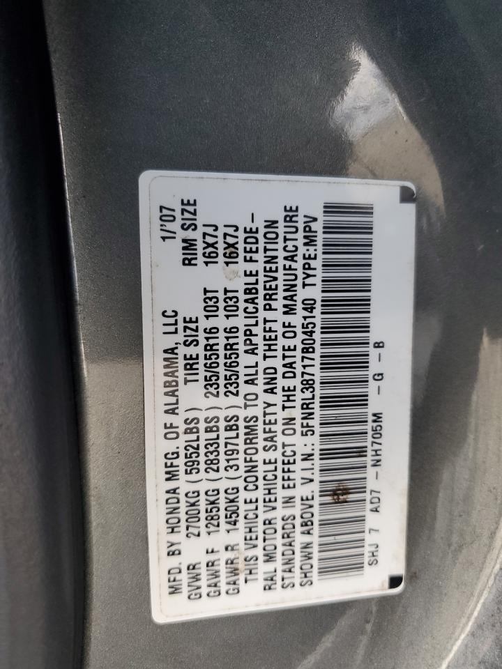 2007 Honda Odyssey Exl VIN: 5FNRL38717B045140 Lot: 78098844