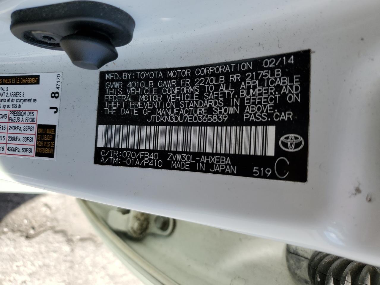 JTDKN3DU7E0365839 2014 Toyota Prius