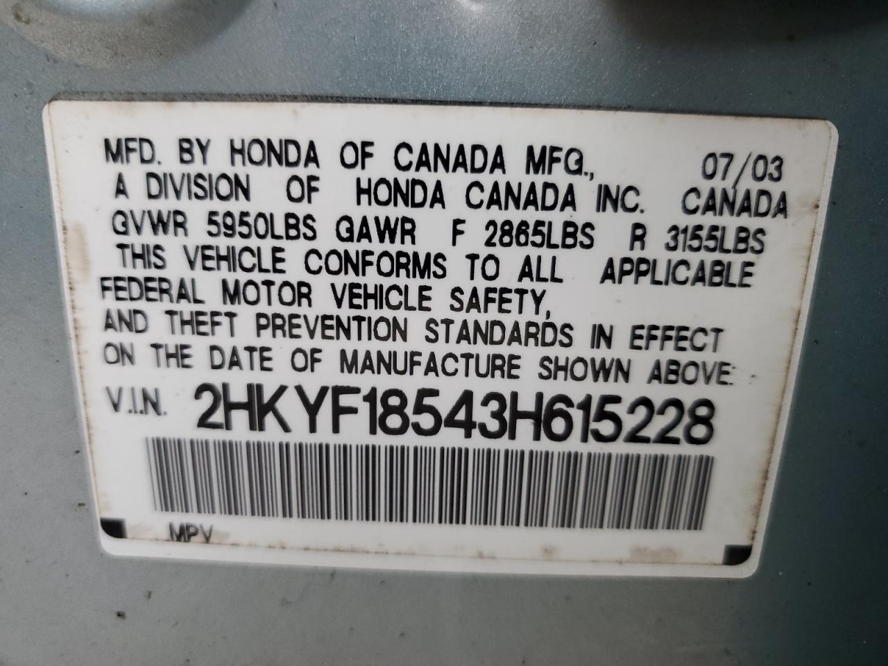 2003 Honda Pilot Exl VIN: 2HKYF18543H615228 Lot: 74533334