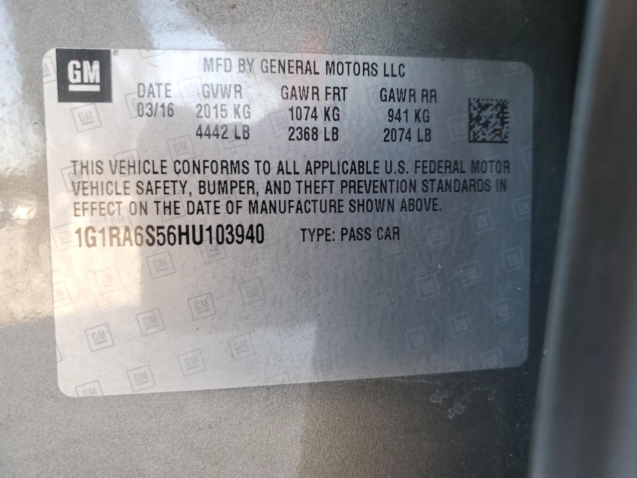 1G1RA6S56HU103940 2017 Chevrolet Volt Lt