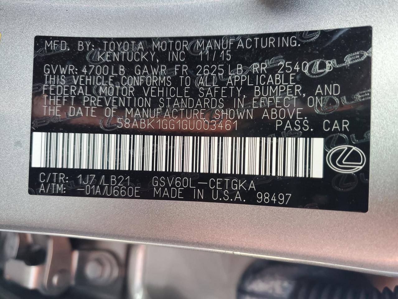 2016 Lexus Es 350 VIN: 58ABK1GG1GU003461 Lot: 77267654