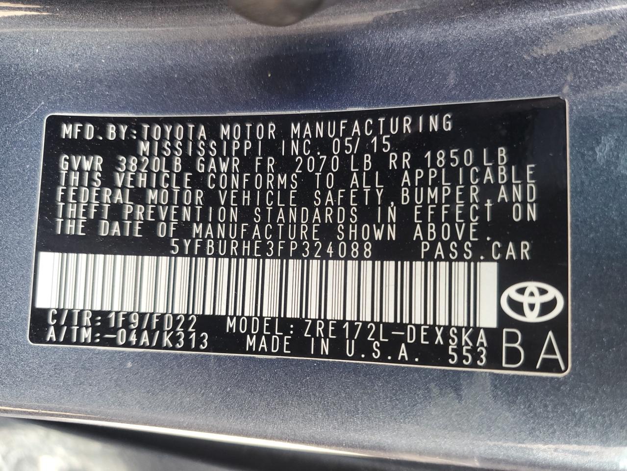 VIN 5YFBURHE3FP324088 2015 TOYOTA COROLLA no.12