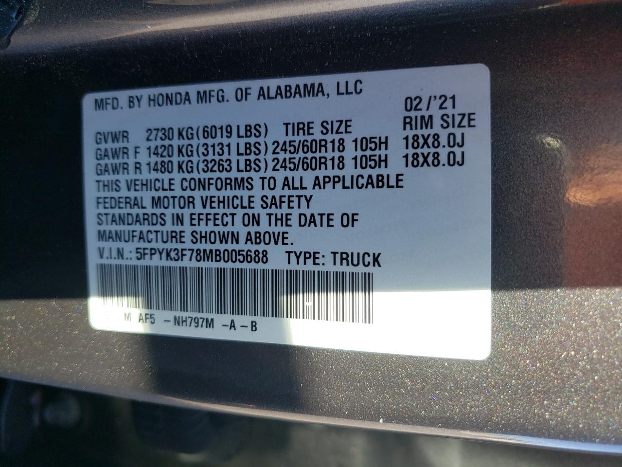 5FPYK3F78MB005688 2021 Honda Ridgeline Rtl