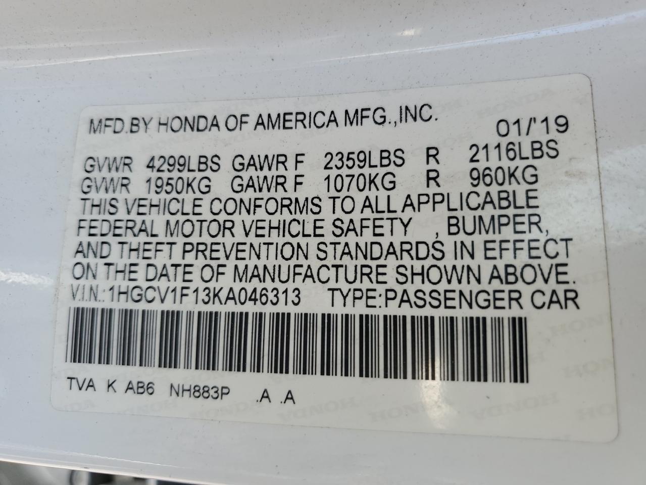 1HGCV1F13KA046313 2019 Honda Accord Lx