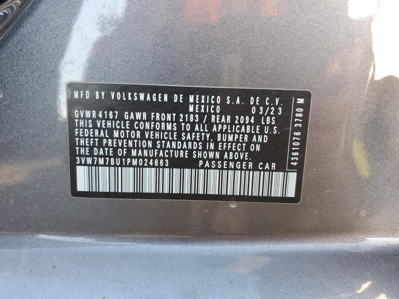 2023 Volkswagen Jetta Se VIN: 3VW7M7BU1PM024663 Lot: 75311114