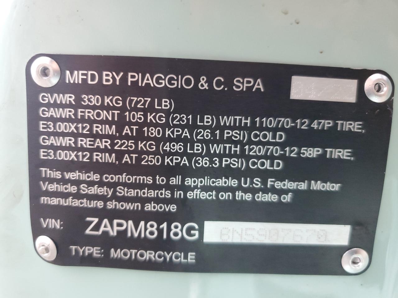 2022 Vespa Primavera/Sprint 150 VIN: ZAPM818G6N5907670 Lot: 74004644