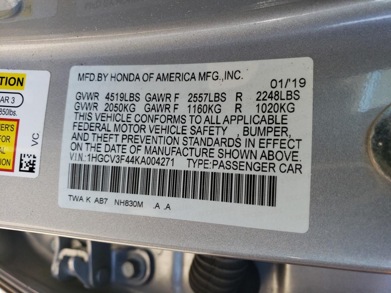 1HGCV3F44KA004271 2019 Honda Accord Hybrid Ex