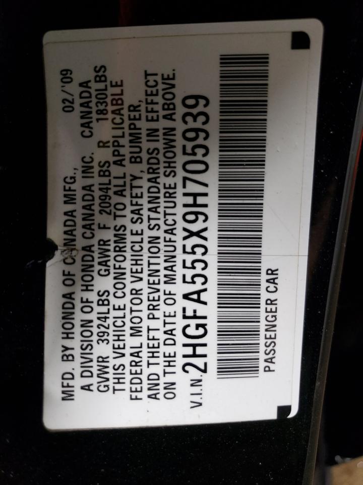 2009 Honda Civic Si VIN: 2HGFA555X9H705939 Lot: 75345474