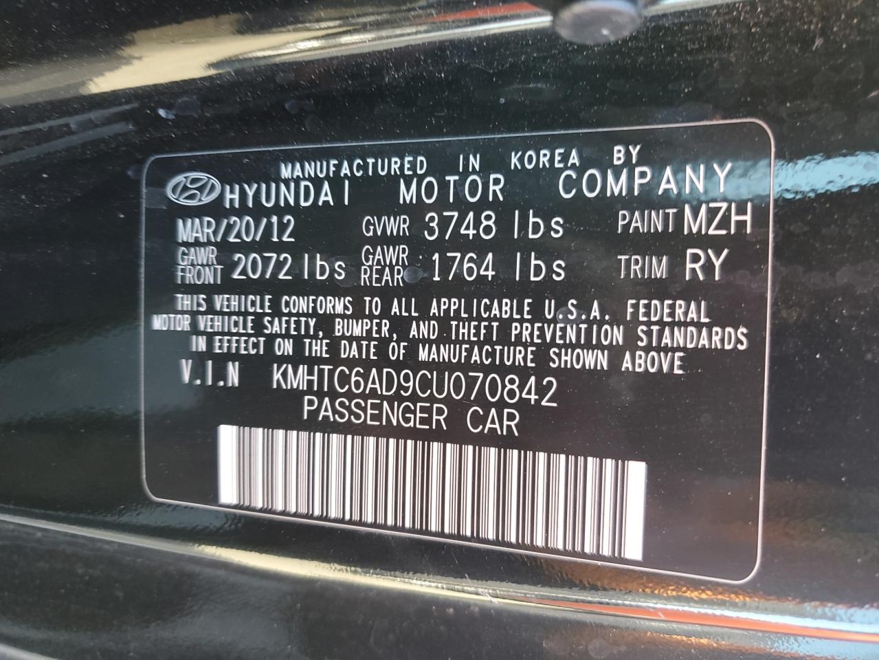 2012 Hyundai Veloster VIN: KMHTC6AD9CU070842 Lot: 74794534