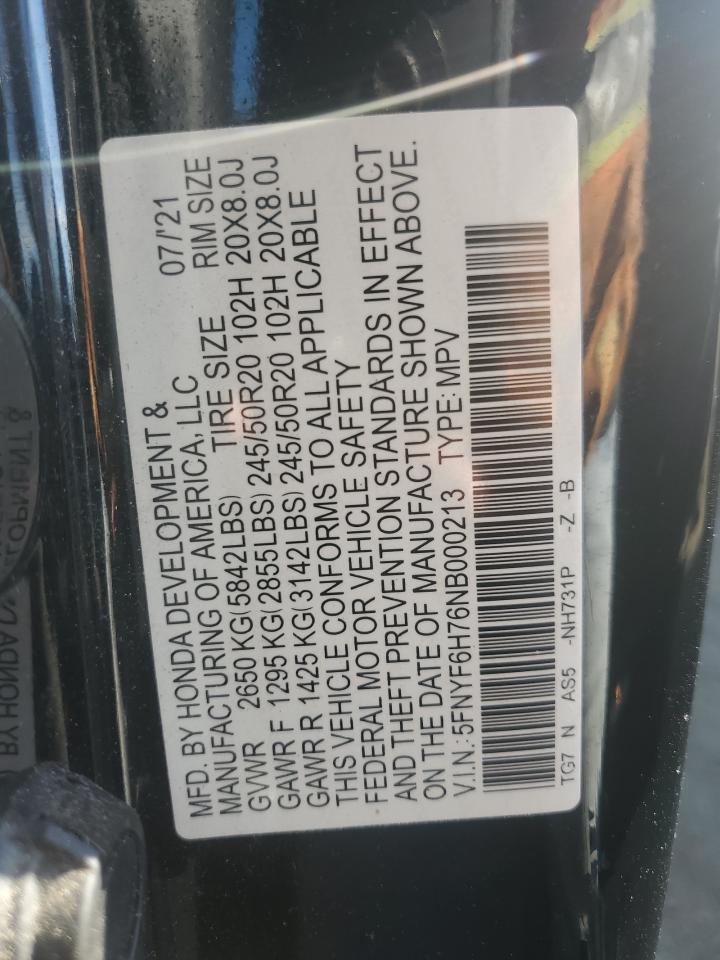 2022 Honda Pilot Black VIN: 5FNYF6H76NB000213 Lot: 76697764