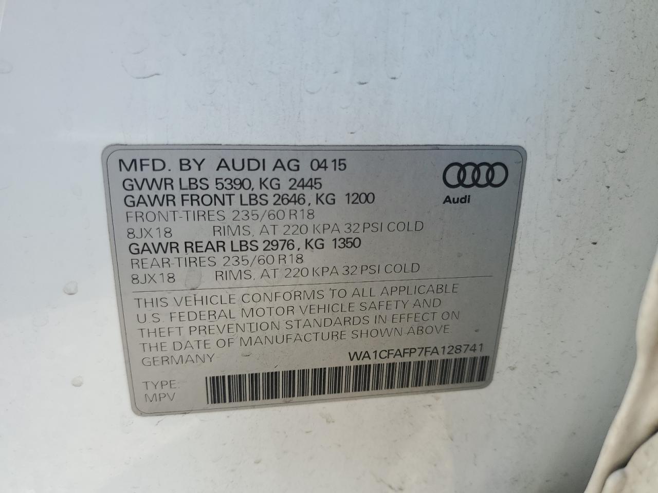 2015 Audi Q5 Premium VIN: WA1CFAFP7FA128741 Lot: 74519004