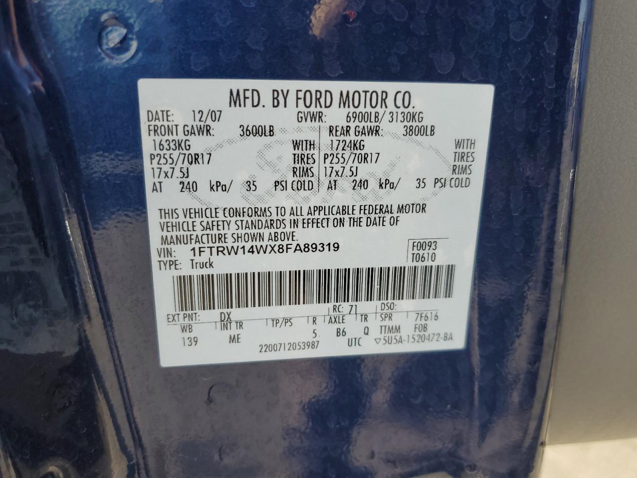 2008 Ford F150 Supercrew VIN: 1FTRW14WX8FA89319 Lot: 78110504