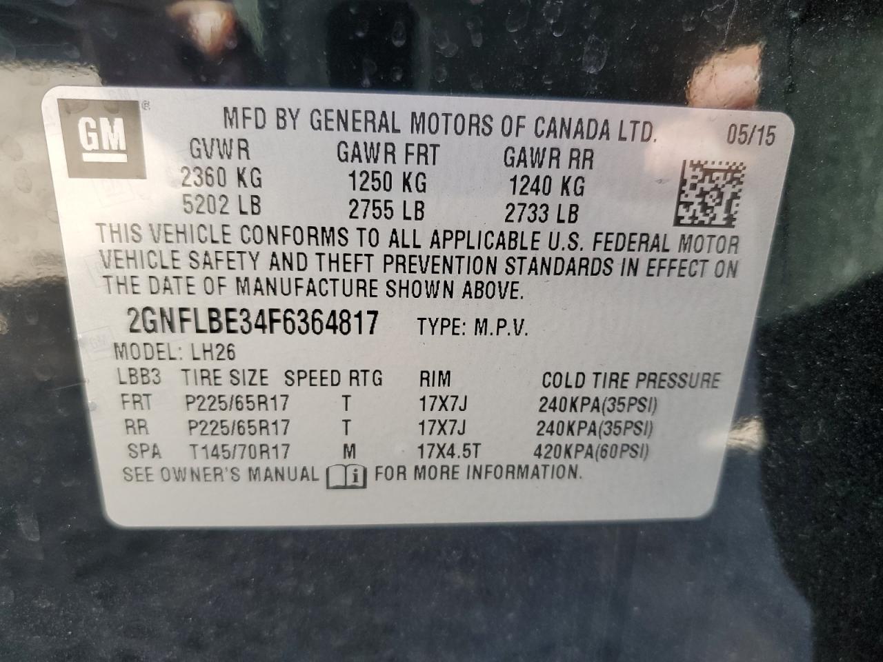 2GNFLBE34F6364817 2015 Chevrolet Equinox Lt