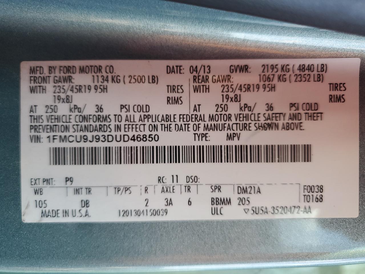 1FMCU9J93DUD46850 2013 Ford Escape Titanium