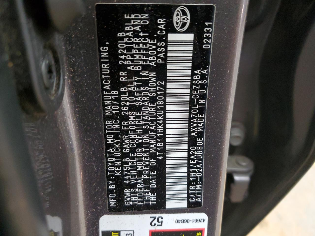 4T1B11HK4KU180172 2019 Toyota Camry L