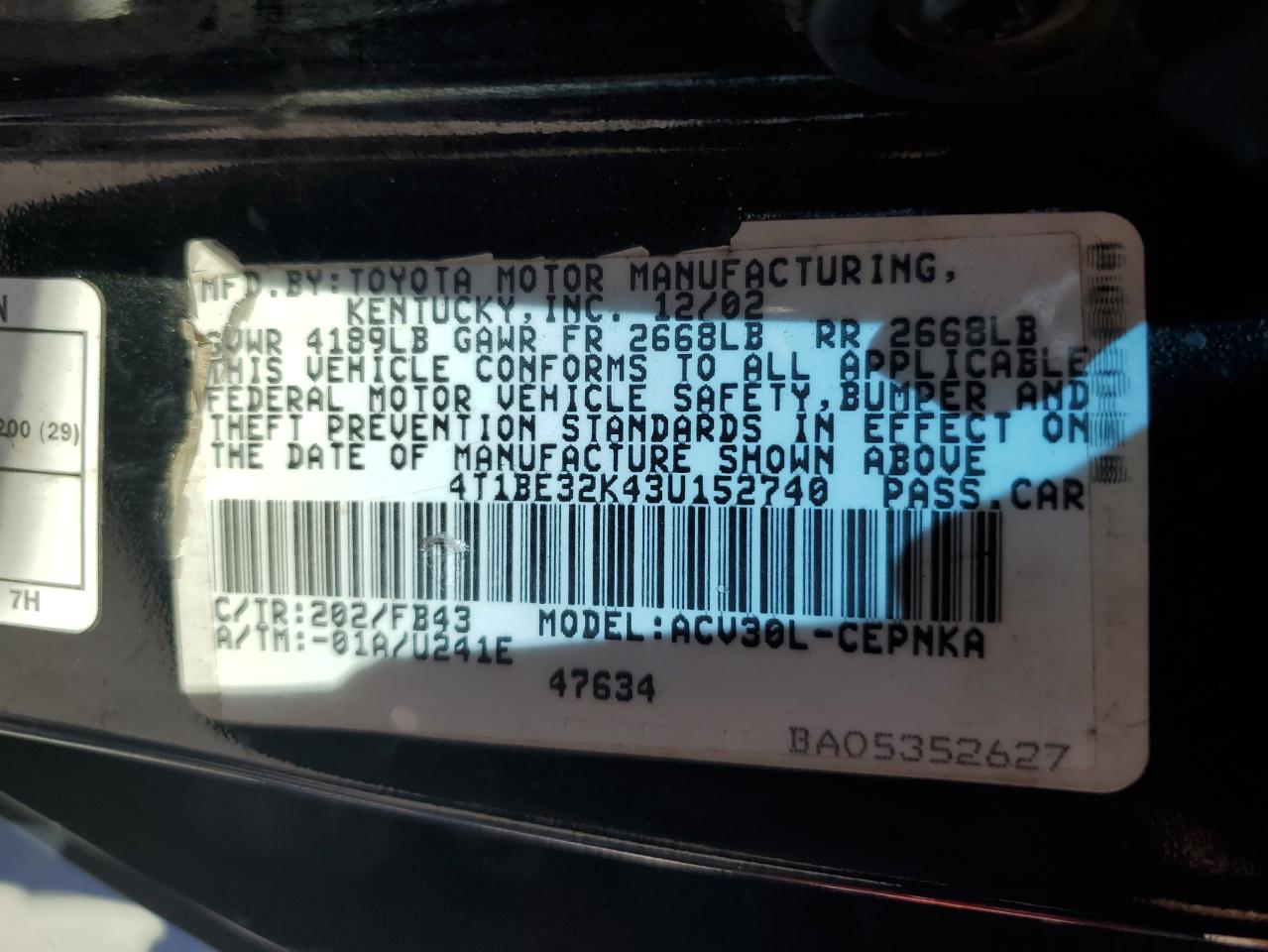 2003 Toyota Camry Le VIN: 4T1BE32K43U152740 Lot: 76564074