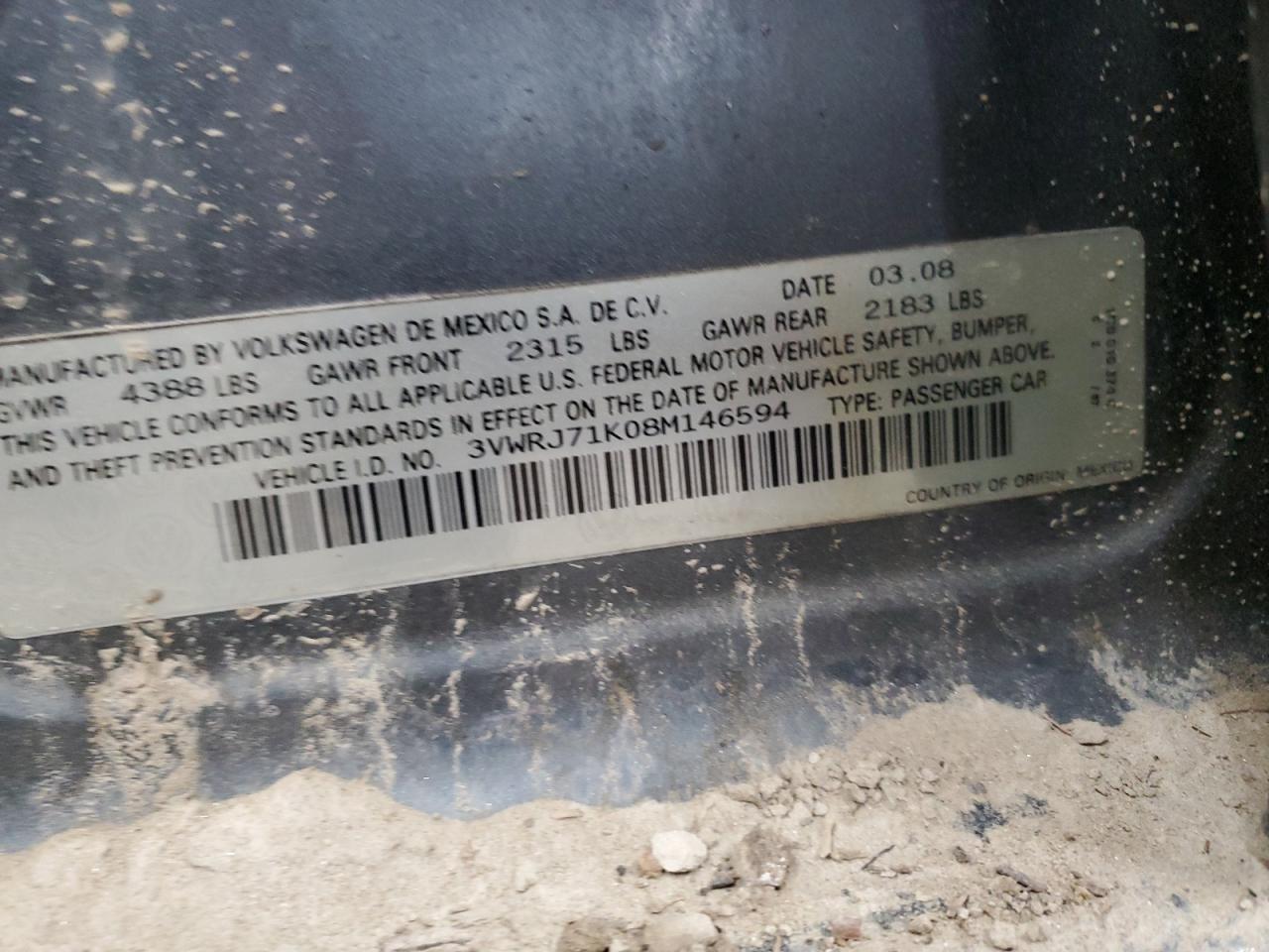 2008 Volkswagen Jetta Wolfsburg VIN: 3VWRJ71K08M146594 Lot: 74798194