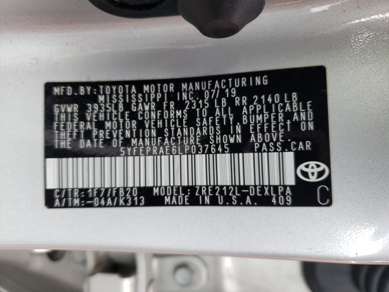 VIN 5YFEPRAE6LP037645 2020 TOYOTA COROLLA no.12