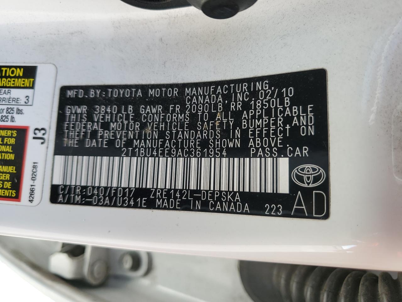 2T1BU4EE9AC361954 2010 Toyota Corolla Base