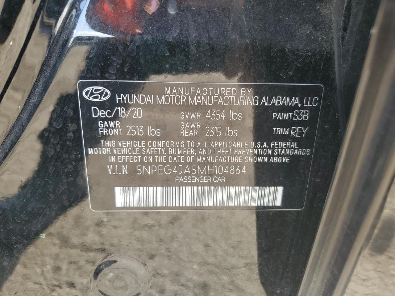 2021 Hyundai Sonata Se VIN: 5NPEG4JA5MH104864 Lot: 74735404