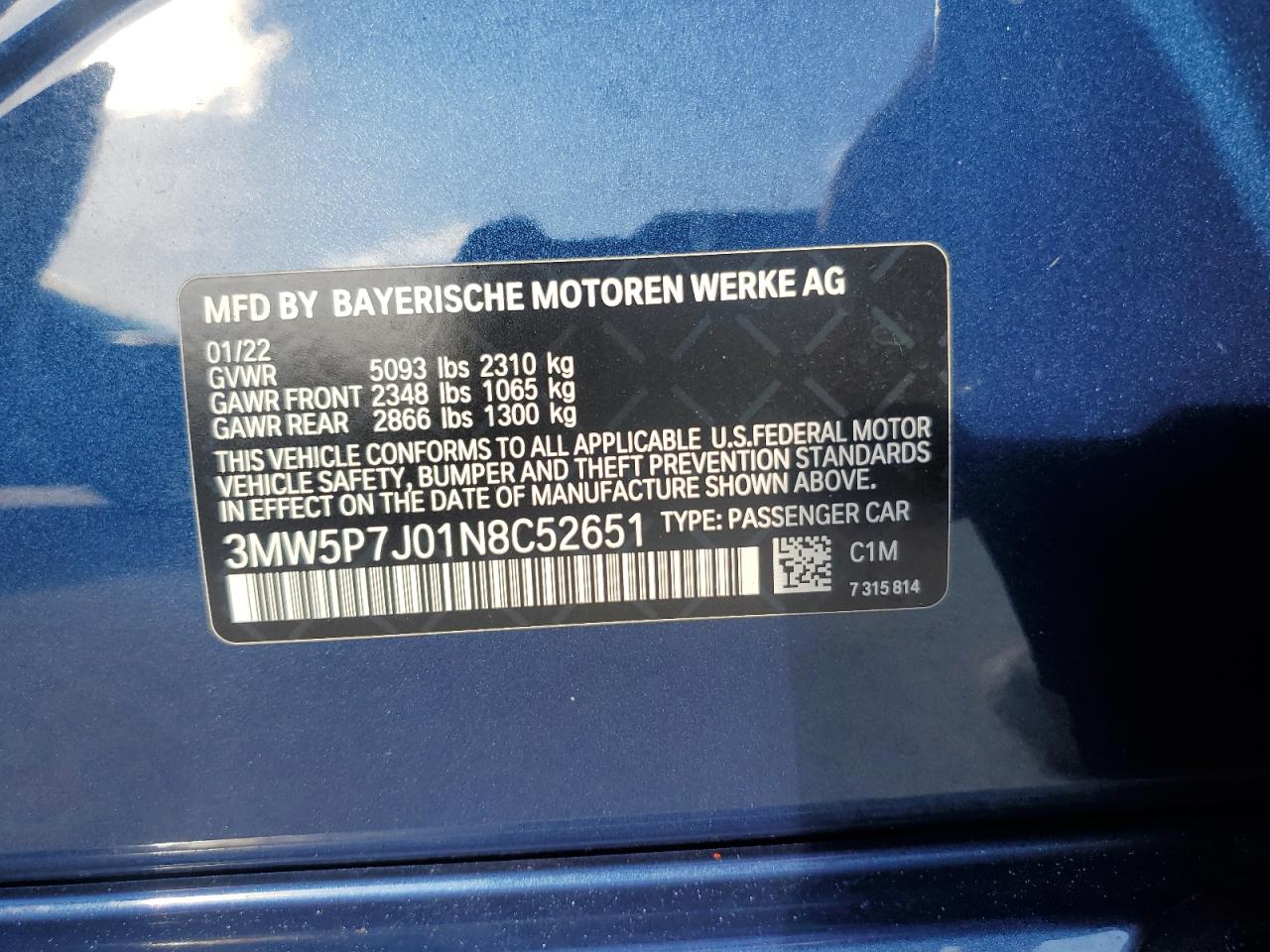 2022 BMW 330E VIN: 3MW5P7J01N8C52651 Lot: 75168914