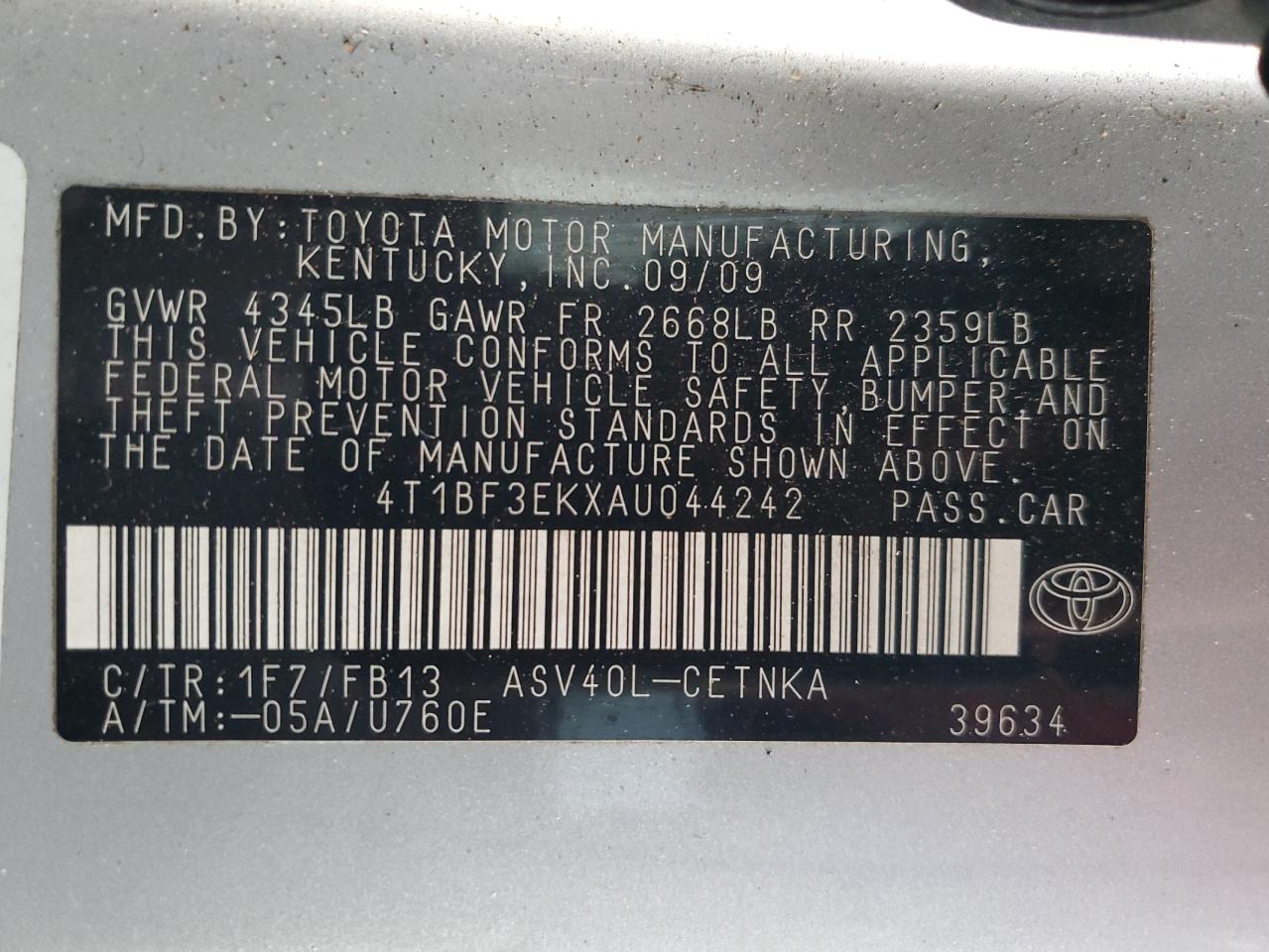 2010 Toyota Camry Base VIN: 4T1BF3EKXAU044242 Lot: 77348544