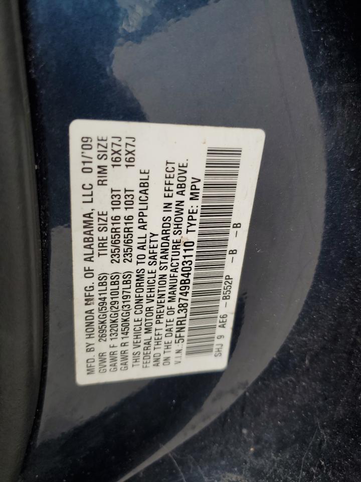 2009 Honda Odyssey Exl VIN: 5FNRL38749B403110 Lot: 77228394