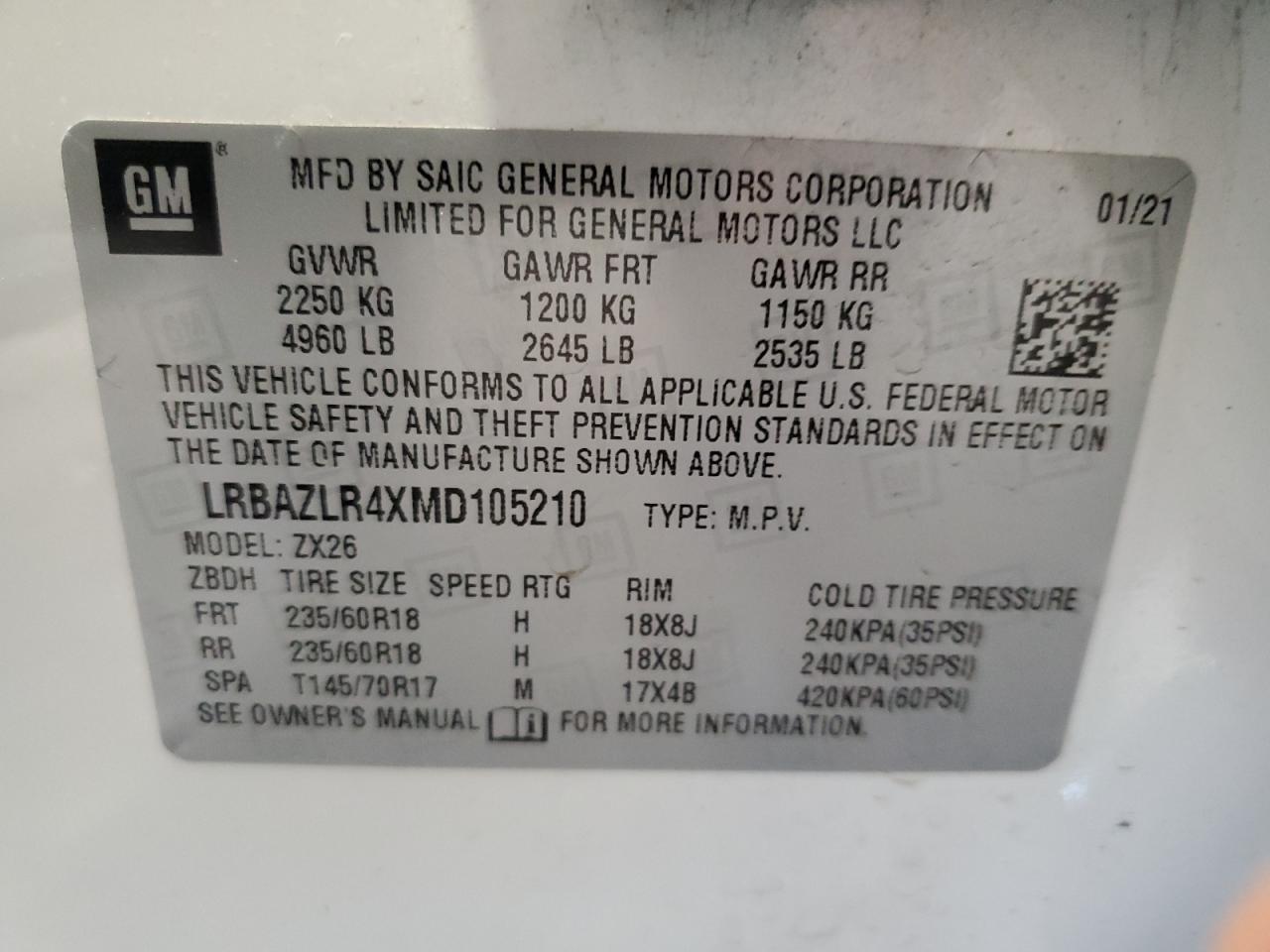 2021 Buick Envision Preferred VIN: LRBAZLR4XMD105210 Lot: 78617734