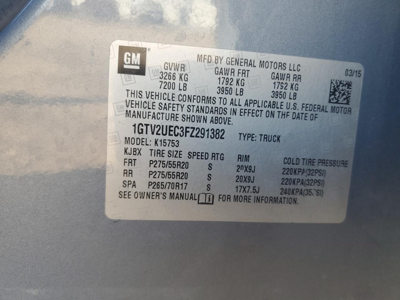 1GTV2UEC3FZ291382 2015 GMC Sierra K1500 Sle