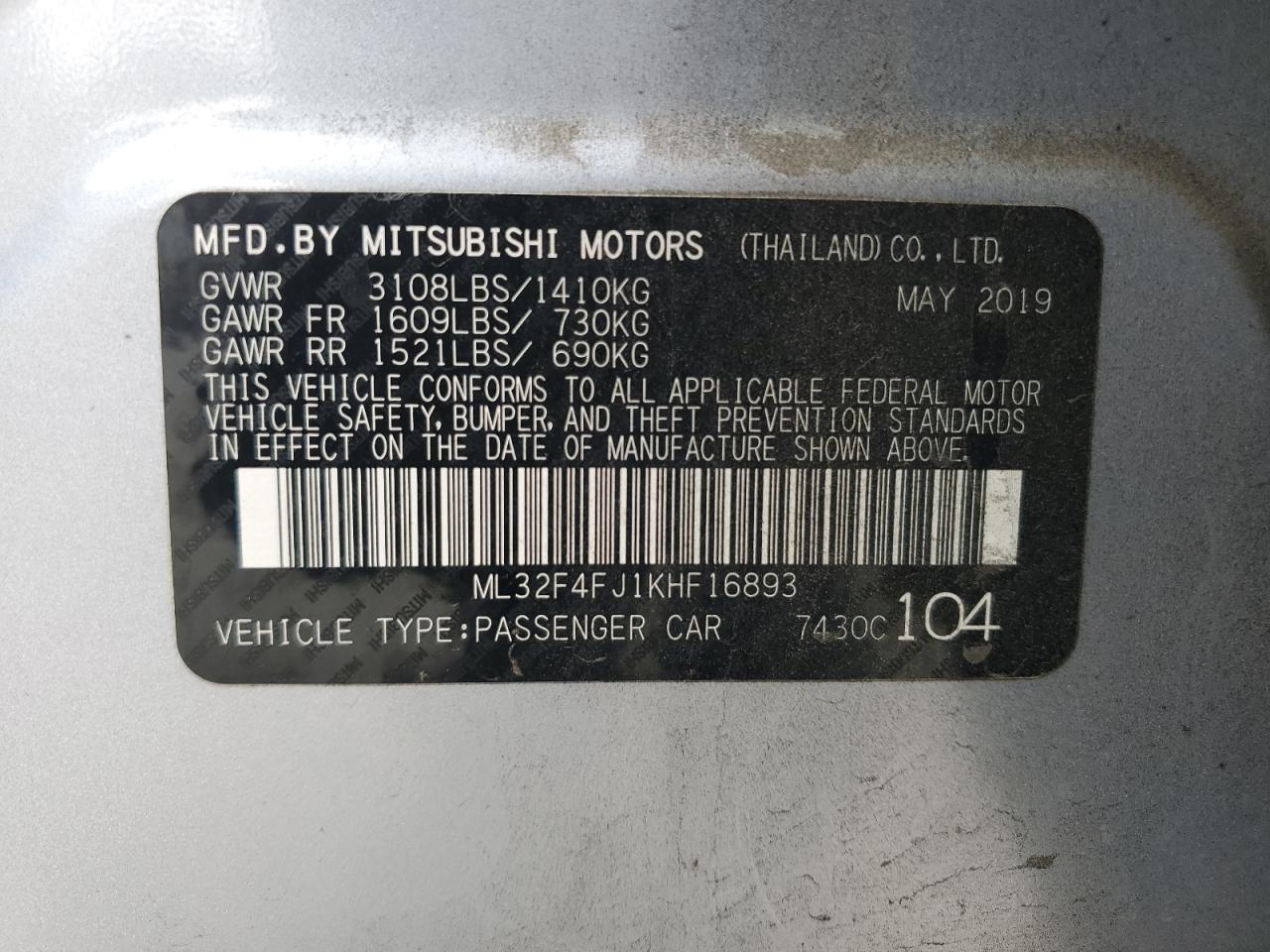 2019 Mitsubishi Mirage G4 Se VIN: ML32F4FJ1KHF16893 Lot: 74365864