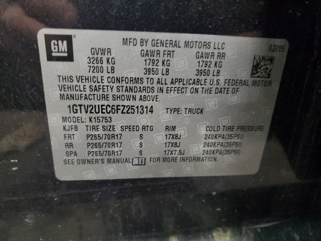 1GTV2UEC6FZ251314 2015 GMC Sierra K1500 Sle