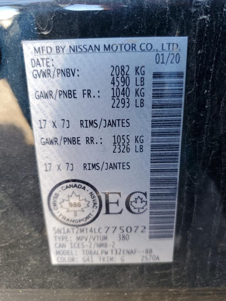 2020 Nissan Rogue S VIN: 5N1AT2MT4LC775072 Lot: 74208644