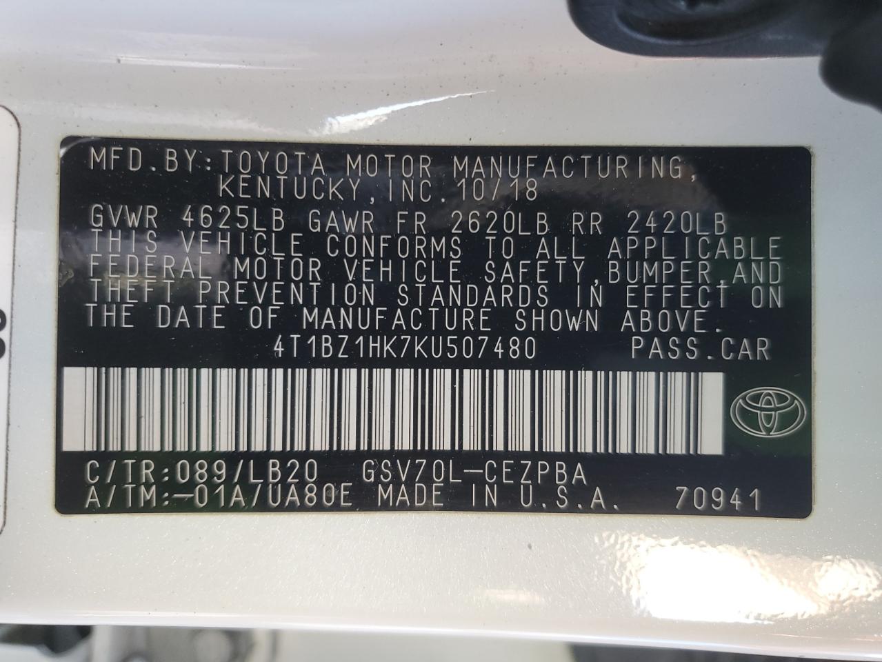 4T1BZ1HK7KU507480 2019 Toyota Camry Xse