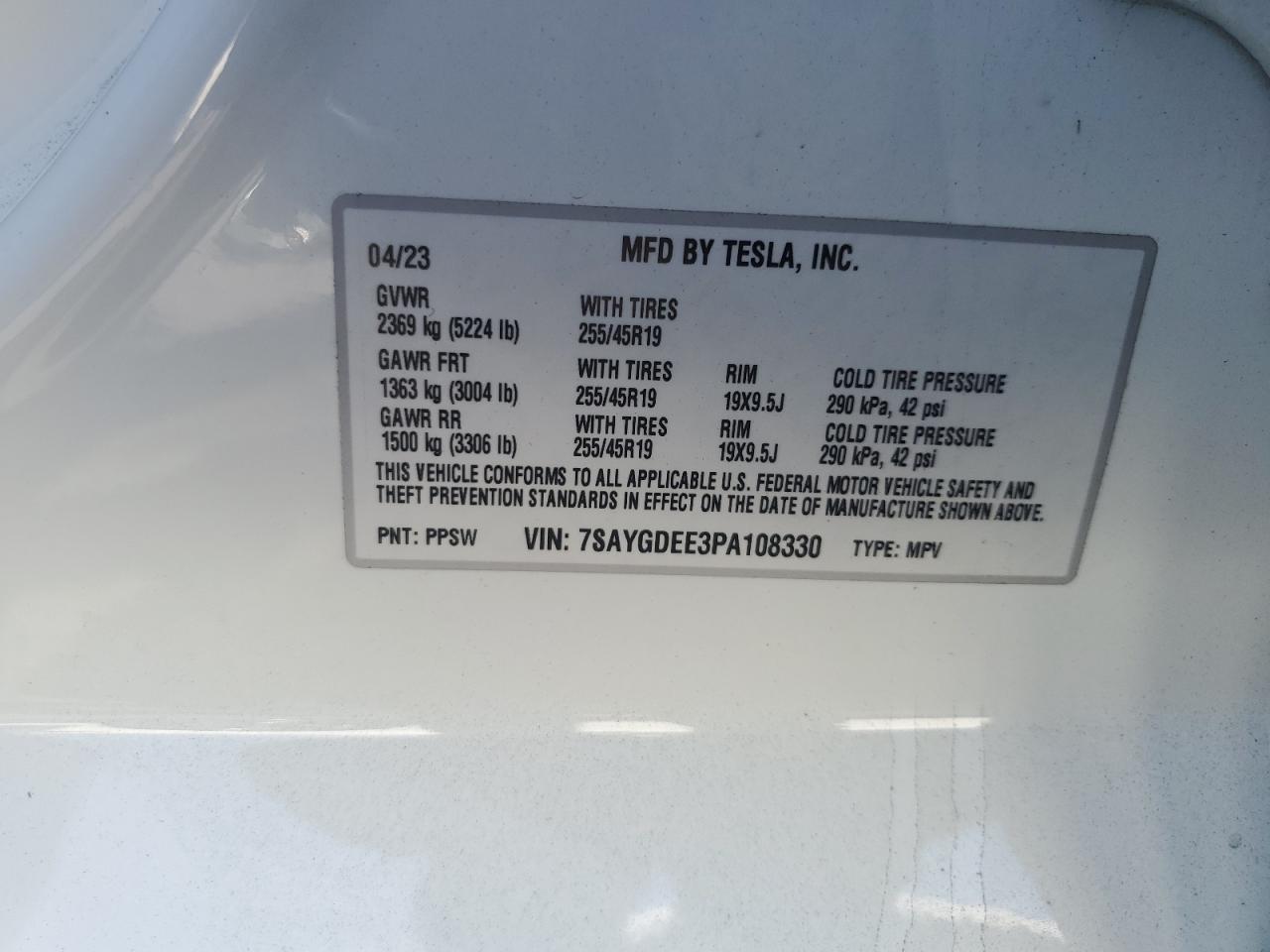 2023 Tesla Model Y VIN: 7SAYGDEE3PA108330 Lot: 78186254