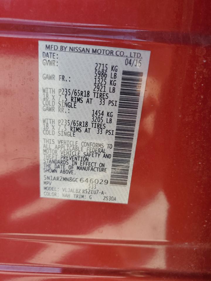 2016 Nissan Pathfinder S VIN: 5N1AR2MN8GC646029 Lot: 75887434