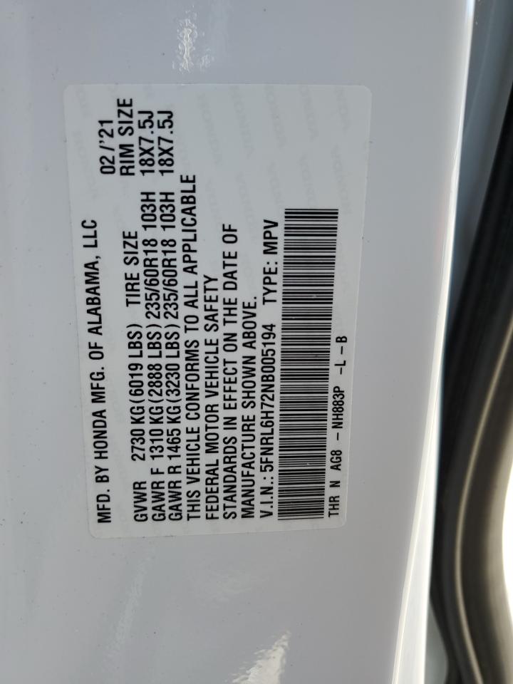 5FNRL6H72NB005194 2022 Honda Odyssey Exl