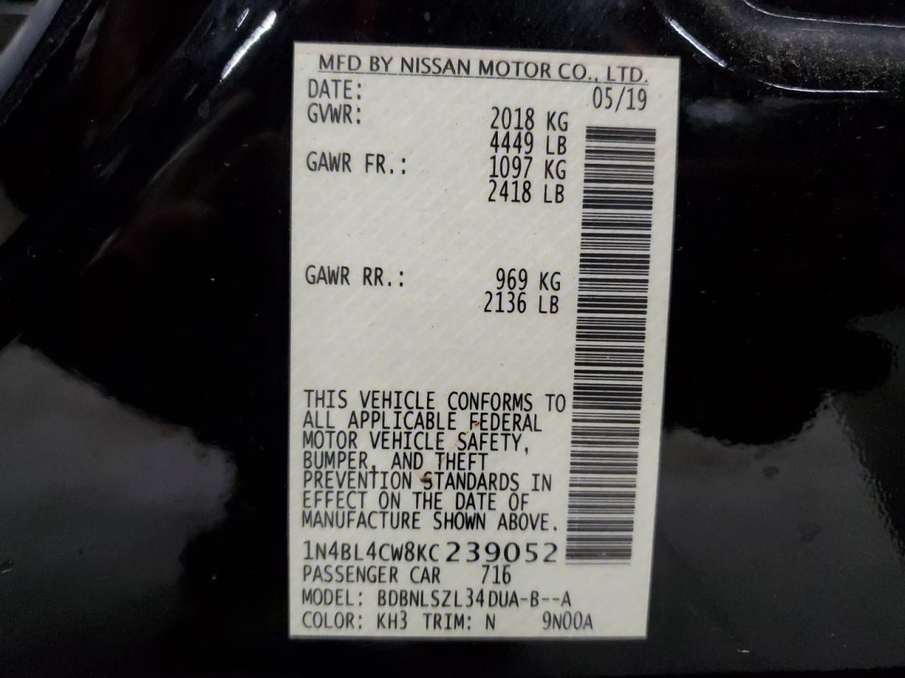 1N4BL4CW8KC239052 2019 Nissan Altima Sr