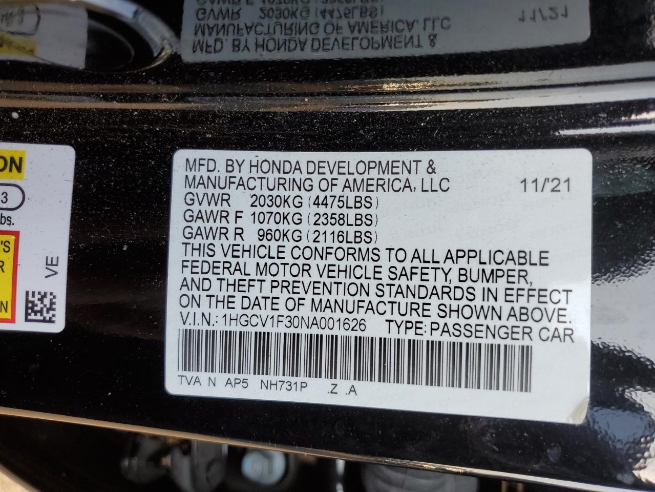 2022 Honda Accord Sport VIN: 1HGCV1F30NA001626 Lot: 69464864