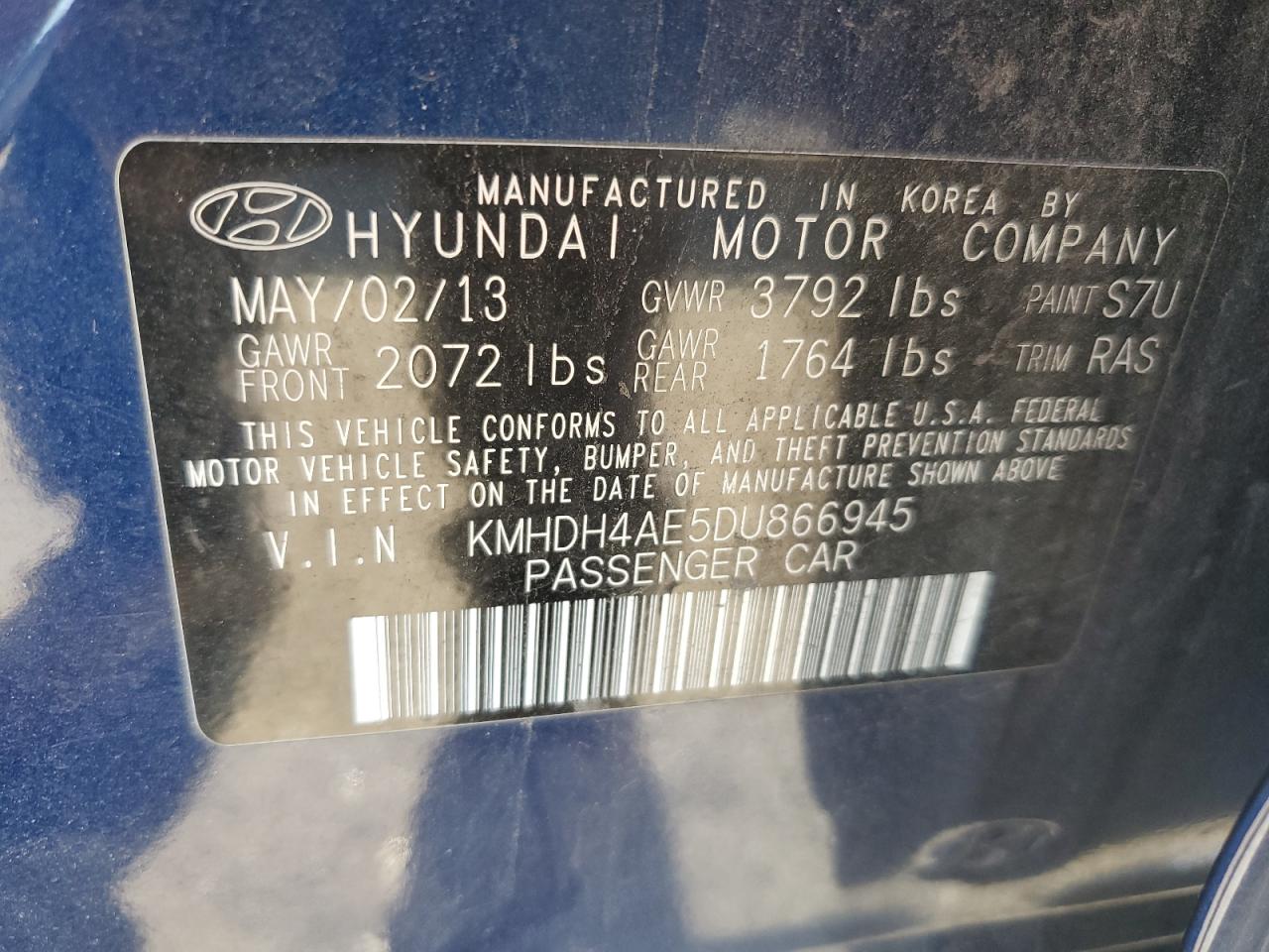 2013 Hyundai Elantra Gls VIN: KMHDH4AE5DU866945 Lot: 76928144