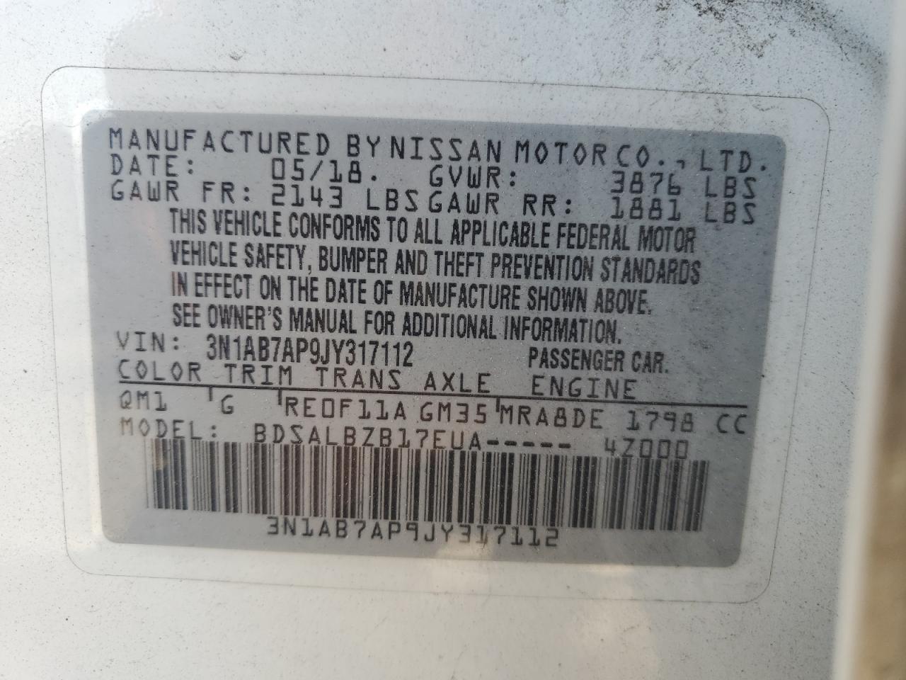 3N1AB7AP9JY317112 2018 Nissan Sentra S