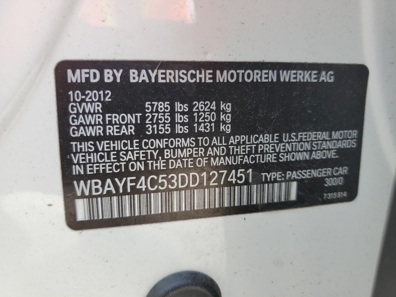 2013 BMW 740 Lxi VIN: WBAYF4C53DD127451 Lot: 61827884