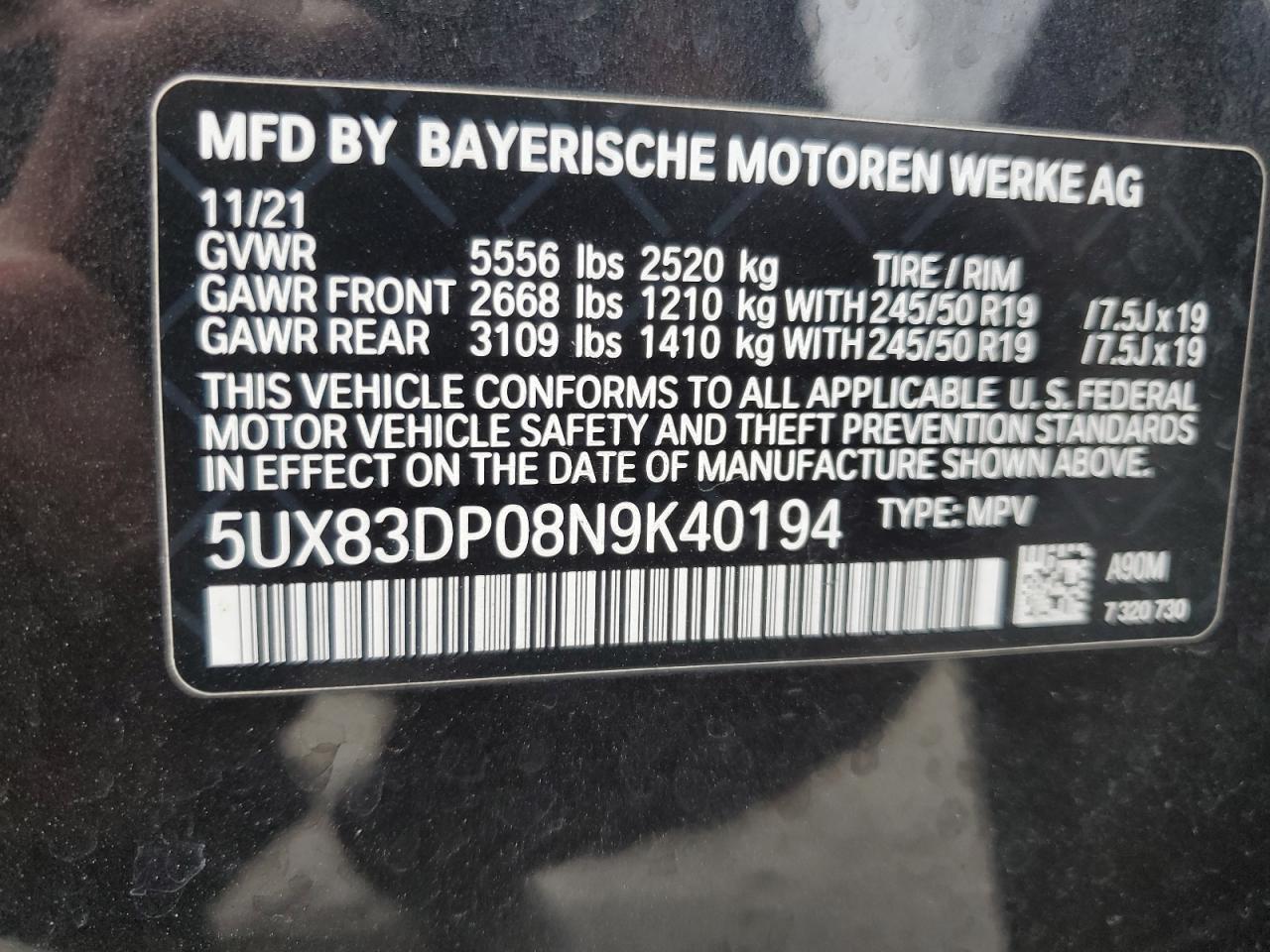 5UX83DP08N9K40194 2022 BMW X3 M40I