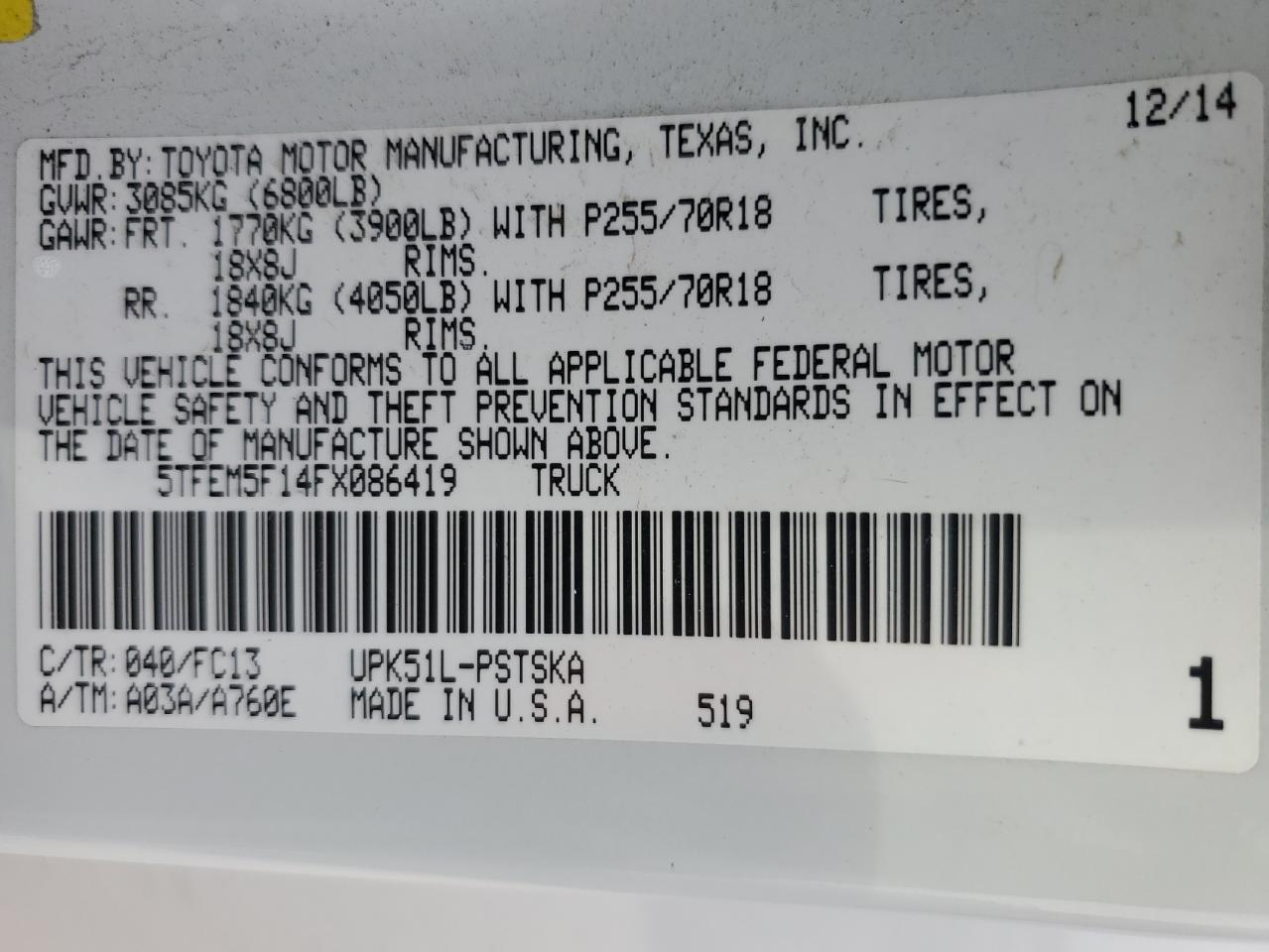 5TFEM5F14FX086419 2015 Toyota Tundra Crewmax Sr5