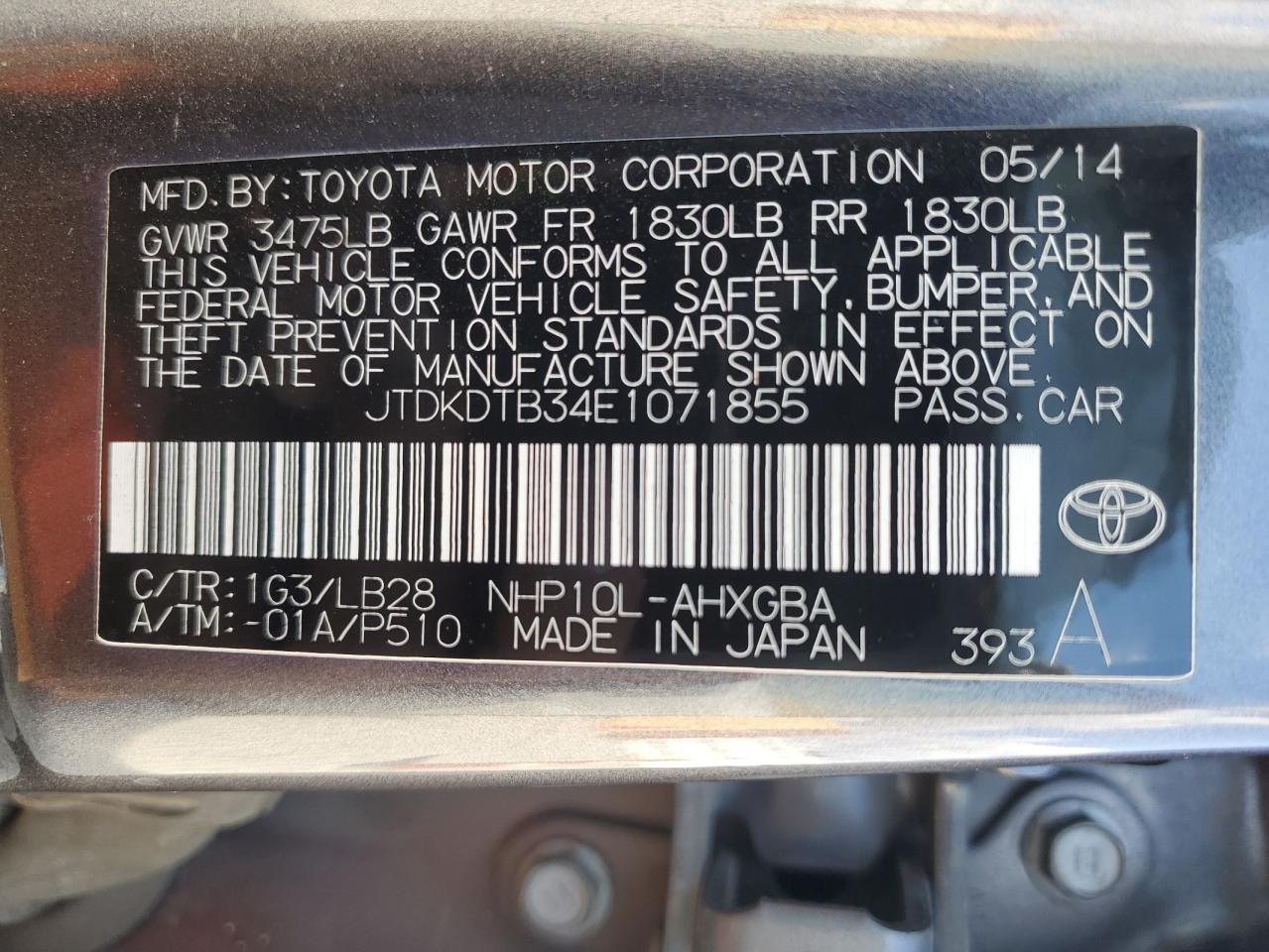 JTDKDTB34E1071855 2014 Toyota Prius C