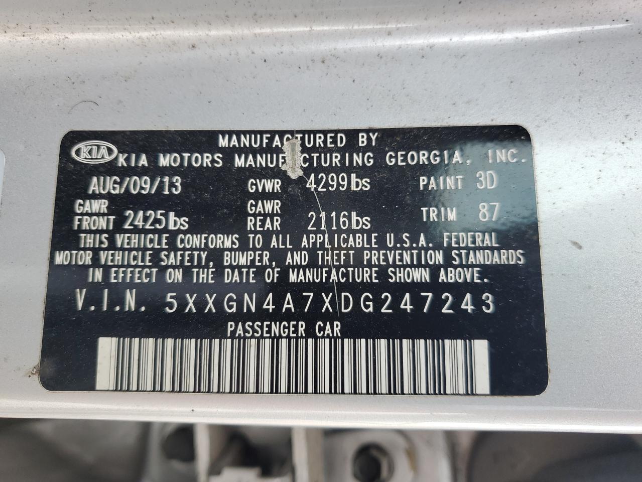 5XXGN4A7XDG247243 2013 Kia Optima Ex