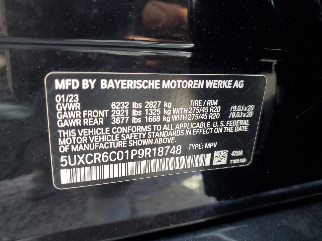 2023 BMW X5 xDrive40I VIN: 5UXCR6C01P9R18748 Lot: 75078344