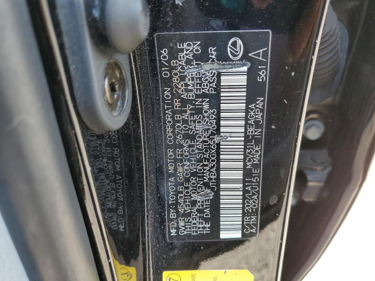 2006 Lexus Es 330 VIN: JTHBA30GX65170493 Lot: 75114794